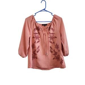 Adrienne Vittadini Floral Tie Neck 3/4 Sleeve Blouse Pullover Pink Size Small